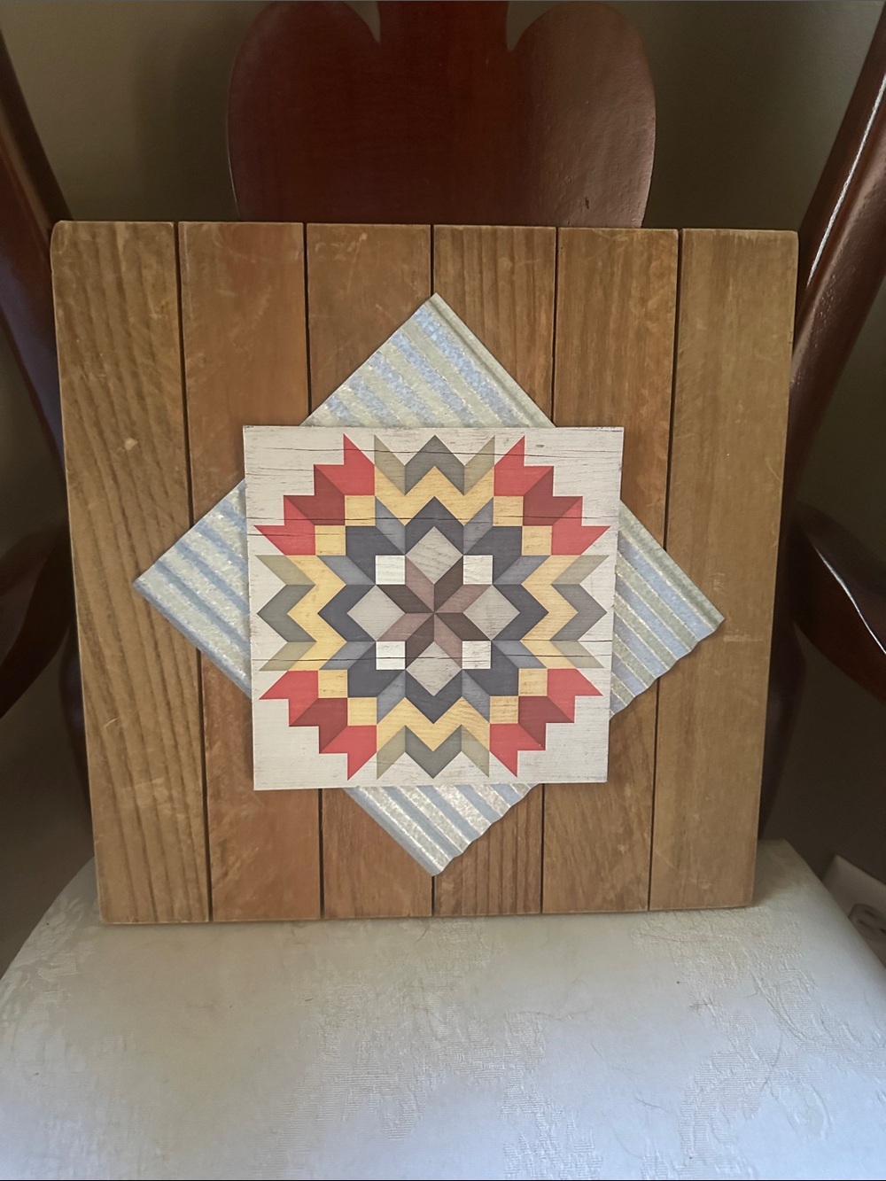 Highland Woodcrafters carpenter’s square handmade wood and tin pallet art